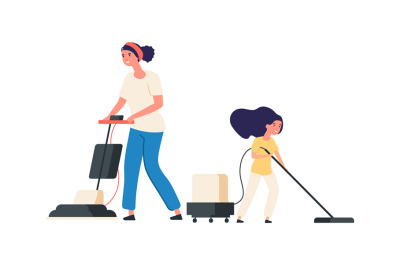 Home cleaning. Mother and daughter with vacuums. Housework, time toget