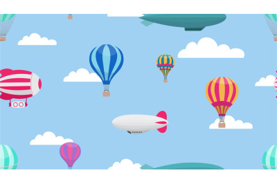 Hot air balloons. Cartoon air transport pattern. Balloon airship in cl