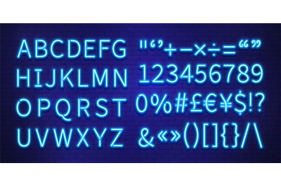 Neon font. blue letters numbers marks on brick wall. colorful glow typ