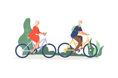 Old couple on bikes. Elderly activity, grandmother grandfather in park