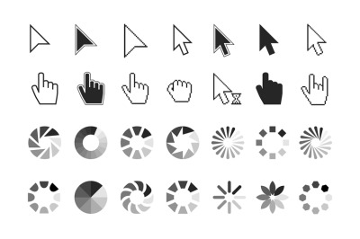 Pointer icons. hand cursor click, wait loading sign. Computer and webs