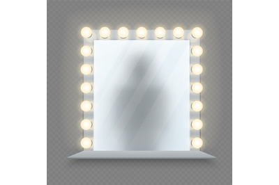 Realistic makeup mirror. Glass in bulbs frame with table. Shadow refle