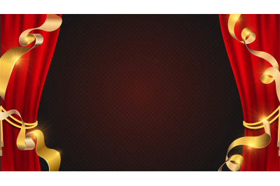 Realistic red curtains. Golden ribbons and theater curtain. Banner wit