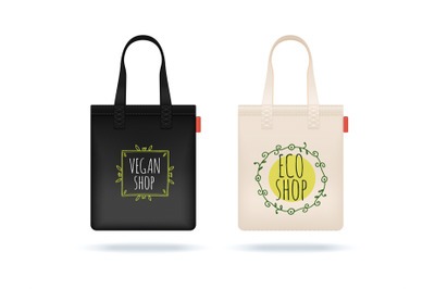 Realistic shopping bag. Black white textile bags. Eco shop package wit