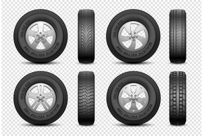 Realistic tires. Isolated car rubber wheel. Vehicle service, truck whe