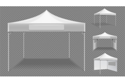 Realistic white tents. Empty folding marquee&2C; market street stall vect