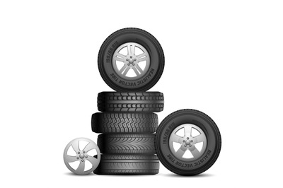 Rubber tires. Isolated realistic car wheels. Aito service, tire repair