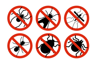 Stop insects. Tick&2C; bugs and mosquito silhouettes. Warning prohibited