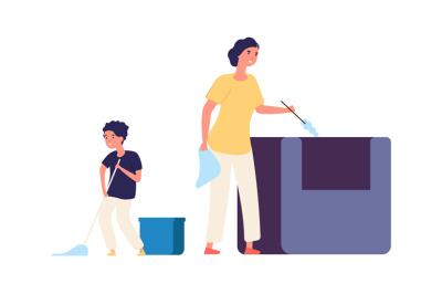 Washing floor. Remove dust, home cleaning. Family spend time together.