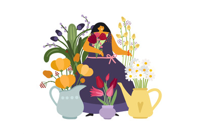 Woman with flowers. Flower girl, gardener or plant lover. Florist, flo