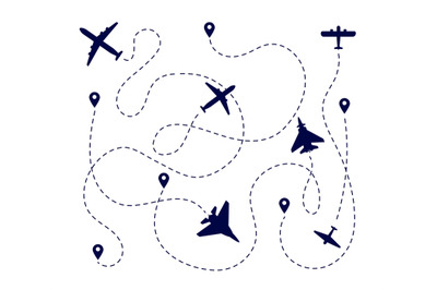 Plane paths. Aircraft way&2C; dotted path or road. Airplane fly route. Tr