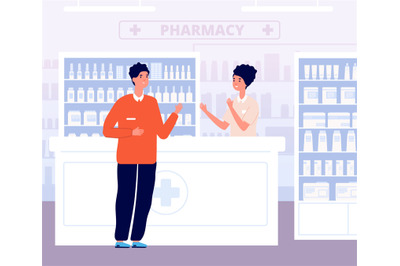 Pharmacist and patient. Drugs consultation&2C; male in drugstore interior