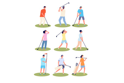 Golf playing. Cartoon fun golfing players, sport time. Isolated golfer