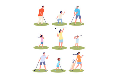 Golf players characters. Men women playing, isolated golfers with equi