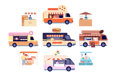 Food truck. Tasty snacks transport, isolated street vans with drinks m