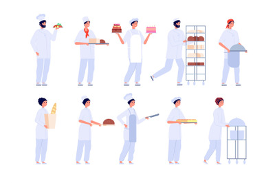 Bakers characters. Cartoon cute girl bake cake. Flat professional chef