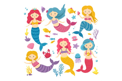 Cartoon mermaids. Cute princess clipart, mermaid and ocean animal. Kaw