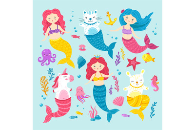 Cat unicorn mermaid. Graphic happy magic mermaids. Funny cartoon kitte