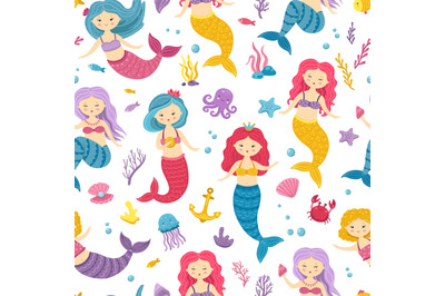 Mermaid pattern. Printable underwater mermaids background. Cute nurser