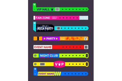 Event bracelets. Party festival entrance paper wristbands. Concert inv