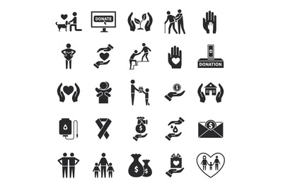 Charity icons. Volunteer helping, world social communities symbols. Do