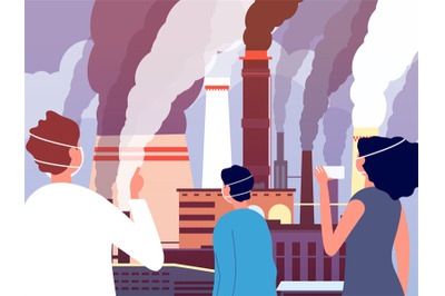 Air pollution. People look at factories produce smoke from pipes. Crit