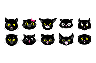 Black cats faces. Isolated flat kittens&2C; halloween cat avatars. Emotio