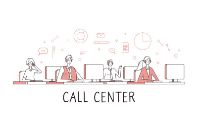 Call center concept. Customer support service help desk services. Peop