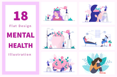 18 Mental Health Psychology Flat Illustration