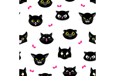 Cat pattern. Halloween cats seamless texture. Flat black kitten heads