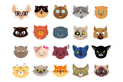 Cats avatars. Flat cat faces. Isolated kitten heads with eyes. Animals