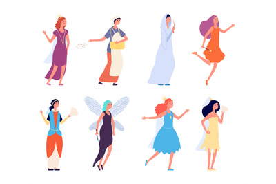 Female fairy tales characters. Women in festive suits. Happy isolated