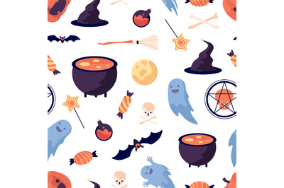 Halloween pattern. Pumpkin bat witch broomstick and hat. Party element