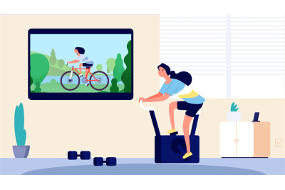 Home sport. Woman training in living room. Cycling on TV, girl on exer