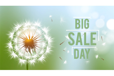 Sale day banner. Season discount flyer with realistic dandelion flower