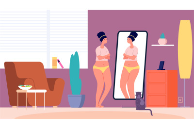 Upset girl. Woman in living room in front of mirror. Sad overweight gi