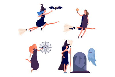 Witches characters. Cute woman flies on broomstick. Halloween fairy ta