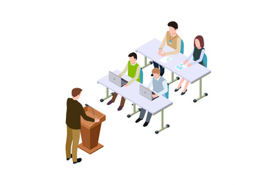 Business conference. Isometric students or visitors, man speaker on tr