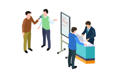 Business presentation. Isometric businessman, guy giving interview. Co