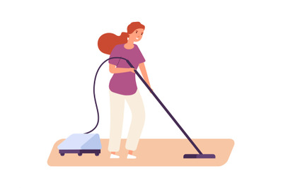 Girl vacuuming. Cute woman doing housework. Flat housewife with vacuum