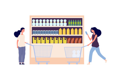 Grocery store shelf. Women with carts, food and related products. Flat