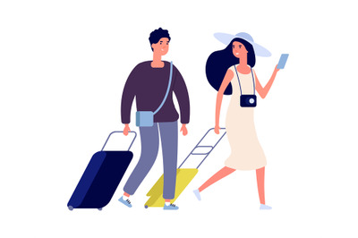 Happy tourists. Summer vacation, weekend travel couple with suitcases.