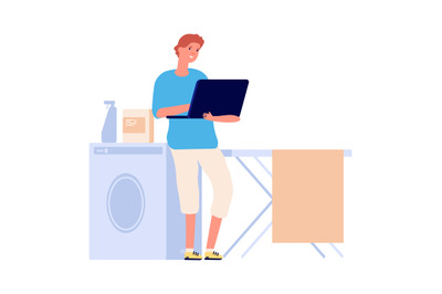 Internet addiction. Man surfing internet in laundry room. Flat male ch