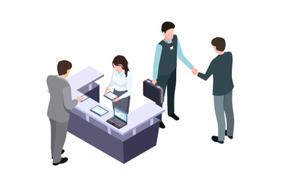 Isometric administrator. Woman talk with man. Business meeting and han