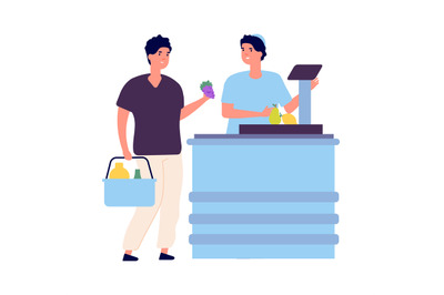 Man buy food. Market checkout, cashier and buyer. Grocery store flat s