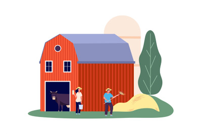 Rural farm. Animals shed, dairy products. Flat woman with bucket, man