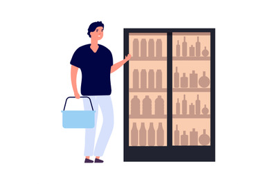 Shopper and fridge. Man buying drinks. Flat style male character with