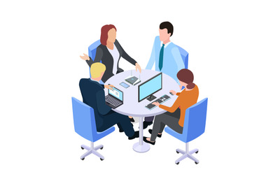 Teamwork. Isometric business meeting, people talking about project at