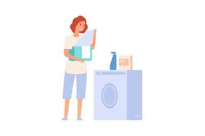 Woman and washing machine. Laundry service, girl with cloths. Flat fem