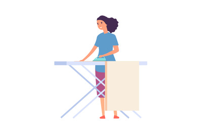 Woman ironing. Housewife doing housework. Flat female character with i